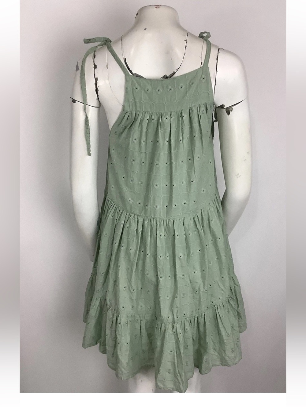 ASOS Sz 2 100% Cotton Eyelet Tiered Spring Summer Swing Trapeze Dress Green - Picture 3 of 6